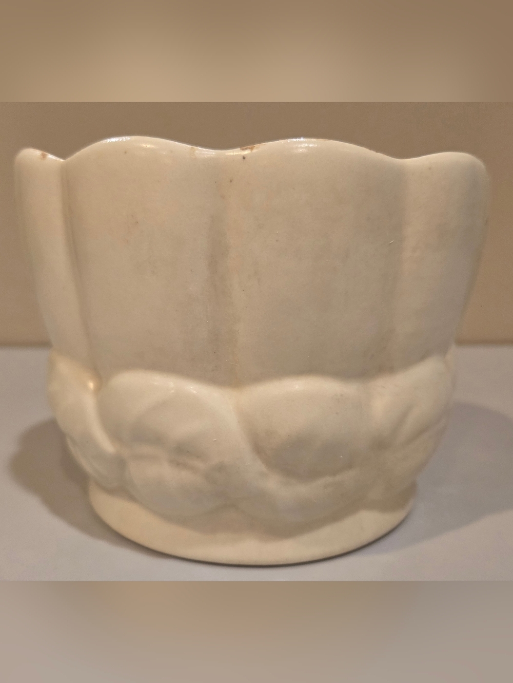 White Ceramic Planter with Scalloped Rim Red Wing Pottery